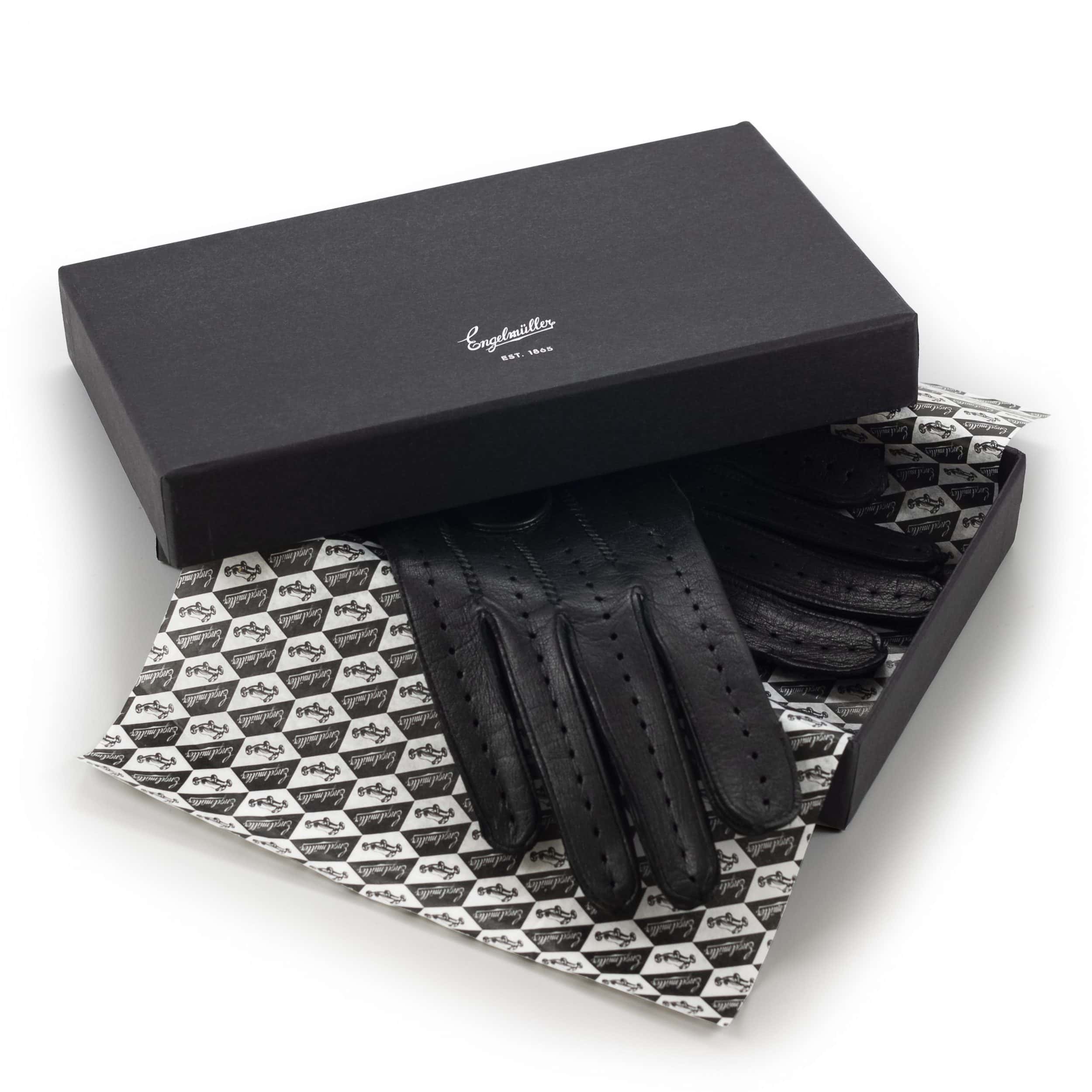 Engelmuller black leather driving gloves crossed
